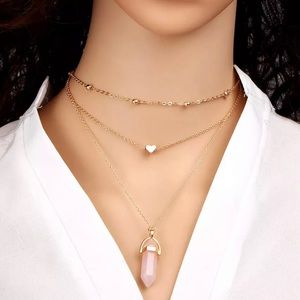 Gold Tone Crystal & Heart Multi-layer Necklace